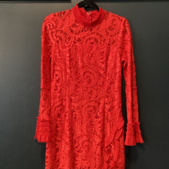 Alexis Red Fala Lace Sheath long sleeve cocktail formal Midi dress L - Picture 4 of 11